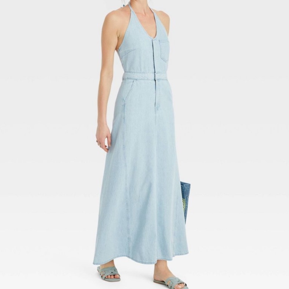 NWT Light Blue Denim Halter Maxi Dress